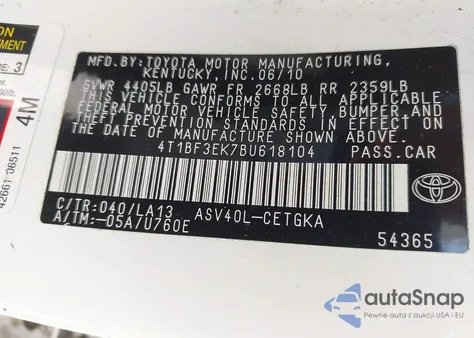 2011 Toyota Camry Xle from USA, damaged, VIN 4T1BF3EK7BU618104